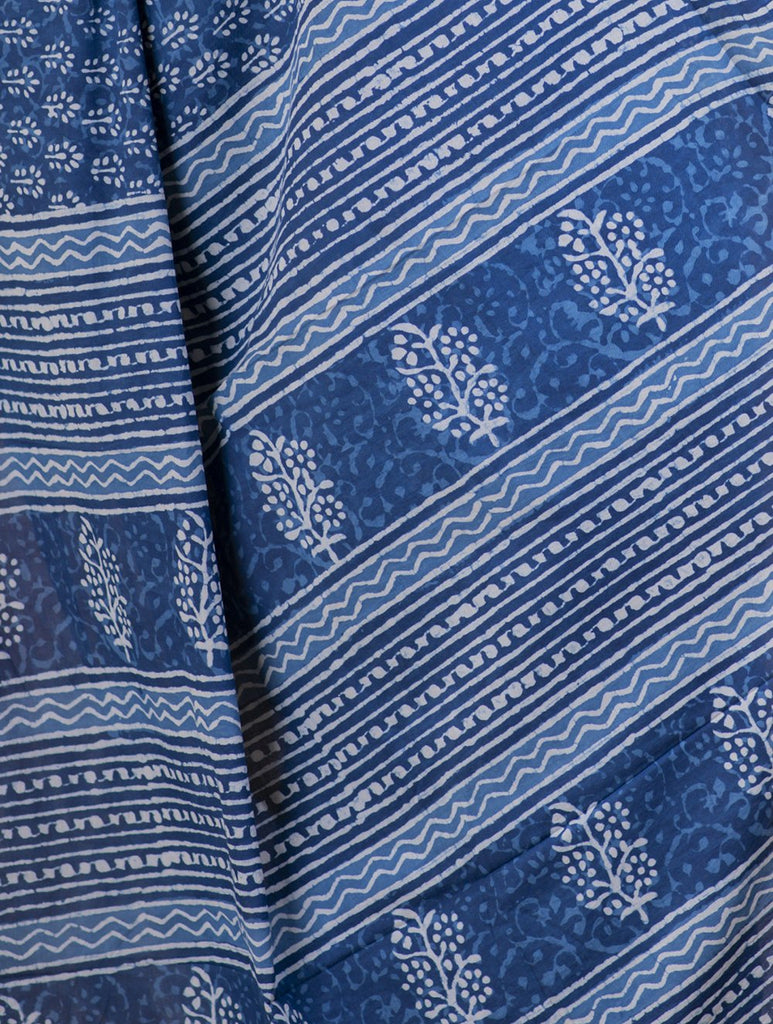 Bagru Block Printed Mul Cotton Saree - Warm Blue & White