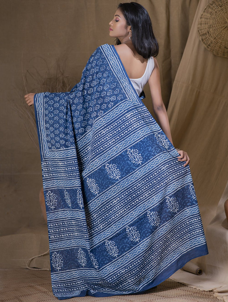 Bagru Block Printed Mul Cotton Saree - Warm Blue & White