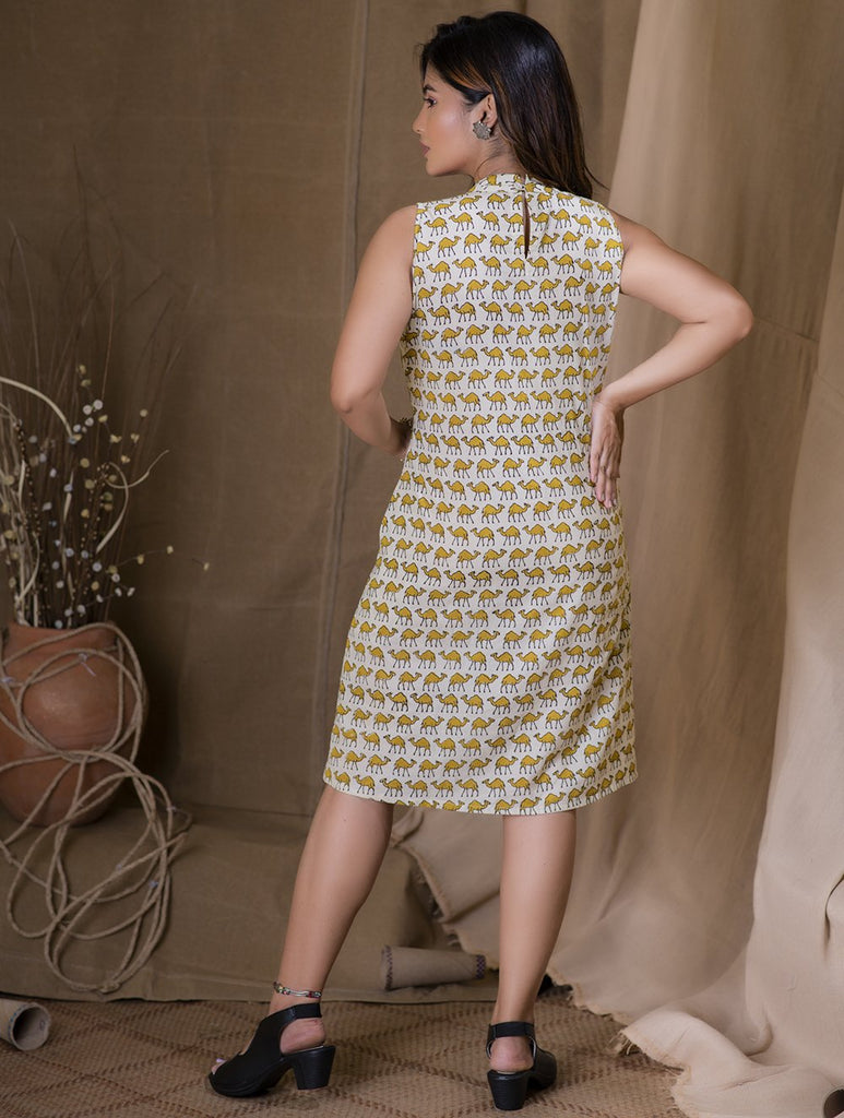 Bagru Block Printed Short Dress - Yellow Camel