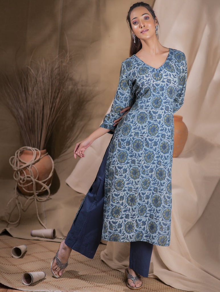 Bagru Block Printed & Beadwork Cotton Long Kurta & Palazzo (Set of 2) - Blue Floral