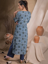 Load image into Gallery viewer, Bagru Block Printed &amp; Beadwork Cotton Long Kurta &amp; Palazzo (Set of 2) - Blue Floral