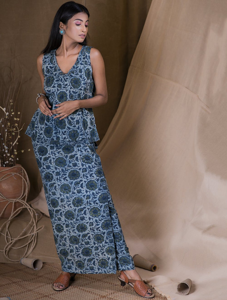 Bagru Block Printed & Beadwork Cotton Wrap Skirt & Sleeveless Top (Set of 2) - Blue Floral