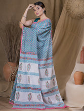 Load image into Gallery viewer, Bagru Sanganeri Block Printed Cotton Saree - Aqua Blue, Pink &amp; White