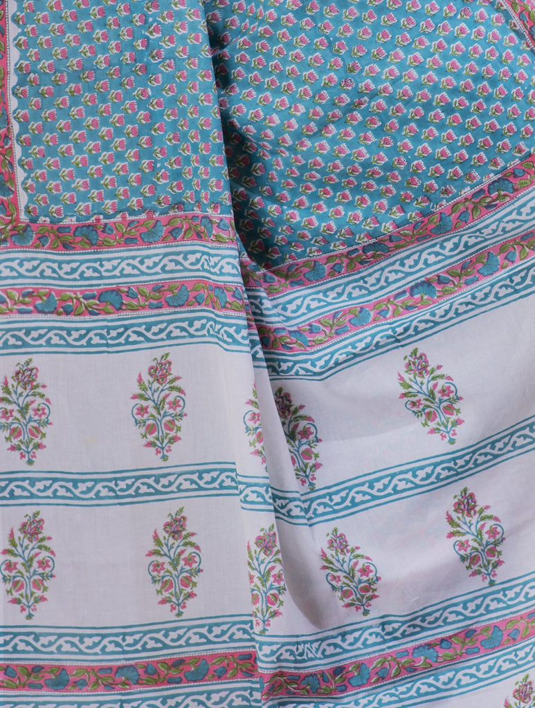Bagru Sanganeri Block Printed Cotton Saree - Aqua Blue, Pink & White