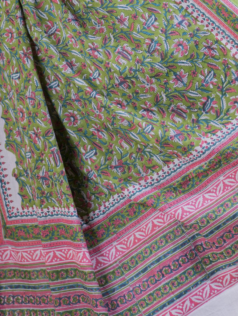 Bagru Sanganeri Block Printed Cotton Saree - Green, Pink, Blue & White