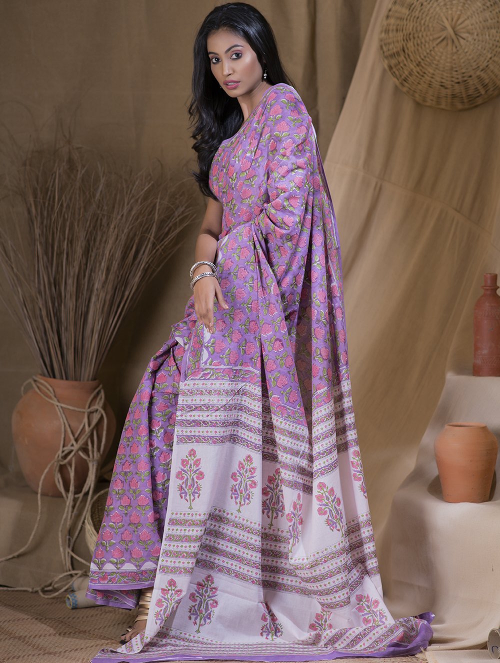 Load image into Gallery viewer, Bagru Sanganeri Block Printed Cotton Saree - Lavender, Pink &amp; White