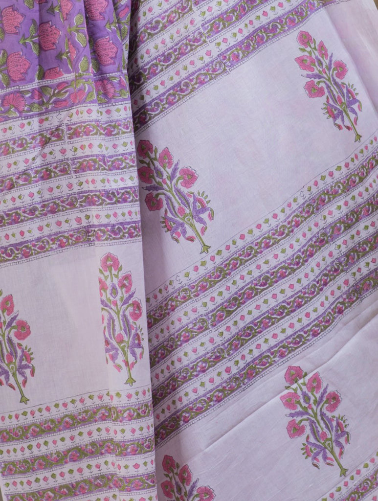 Bagru Sanganeri Block Printed Cotton Saree - Lavender, Pink & White