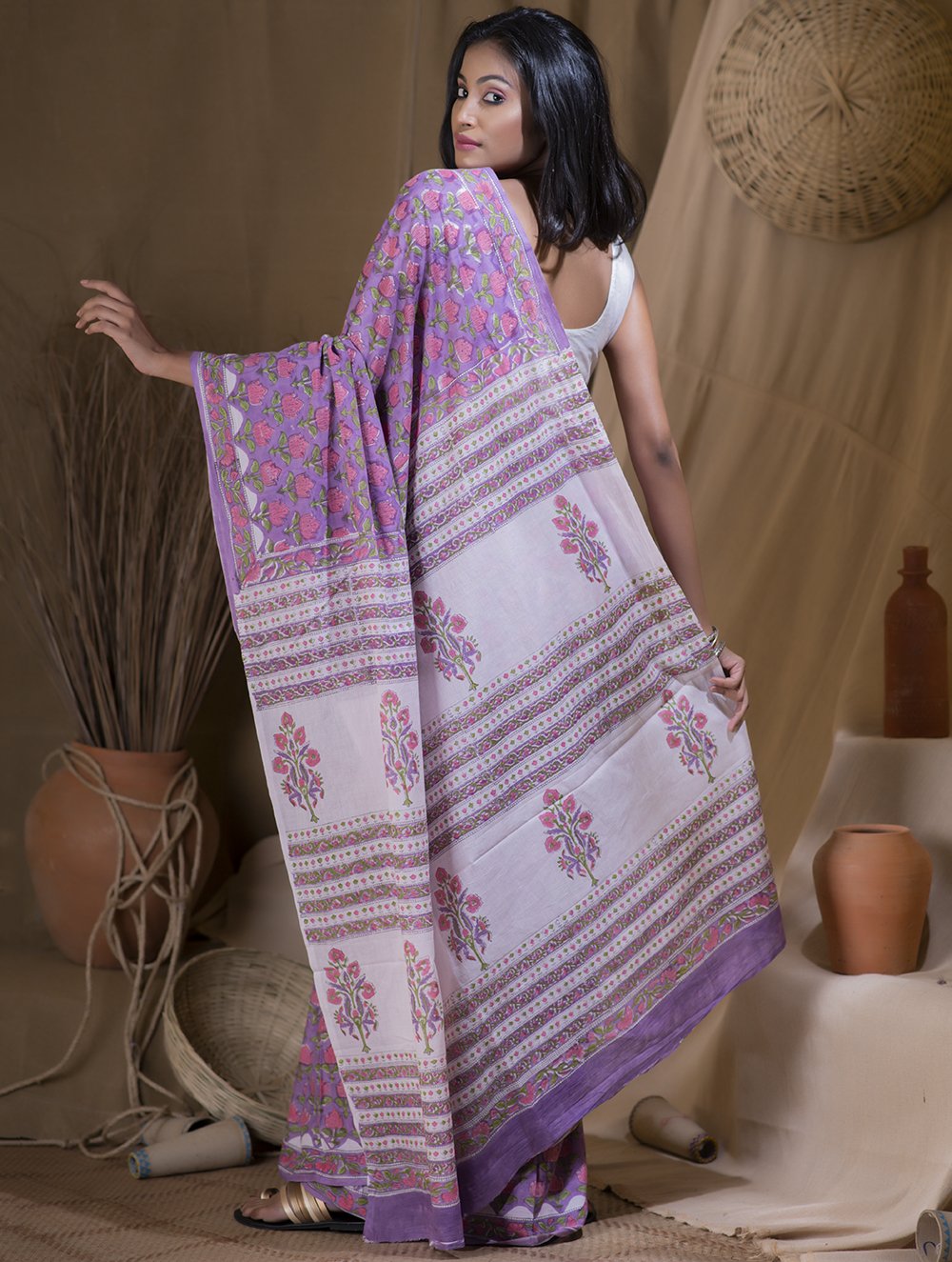 Load image into Gallery viewer, Bagru Sanganeri Block Printed Cotton Saree - Lavender, Pink &amp; White
