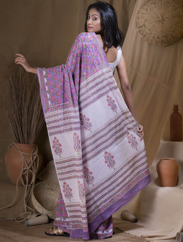 Bagru Sanganeri Block Printed Cotton Saree - Lavender, Pink & White
