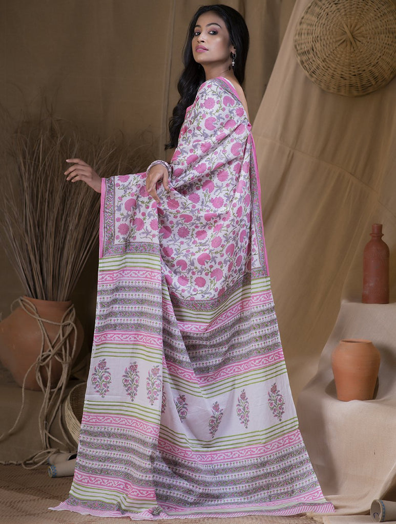 Bagru Sanganeri Block Printed Cotton Saree - Pink & White