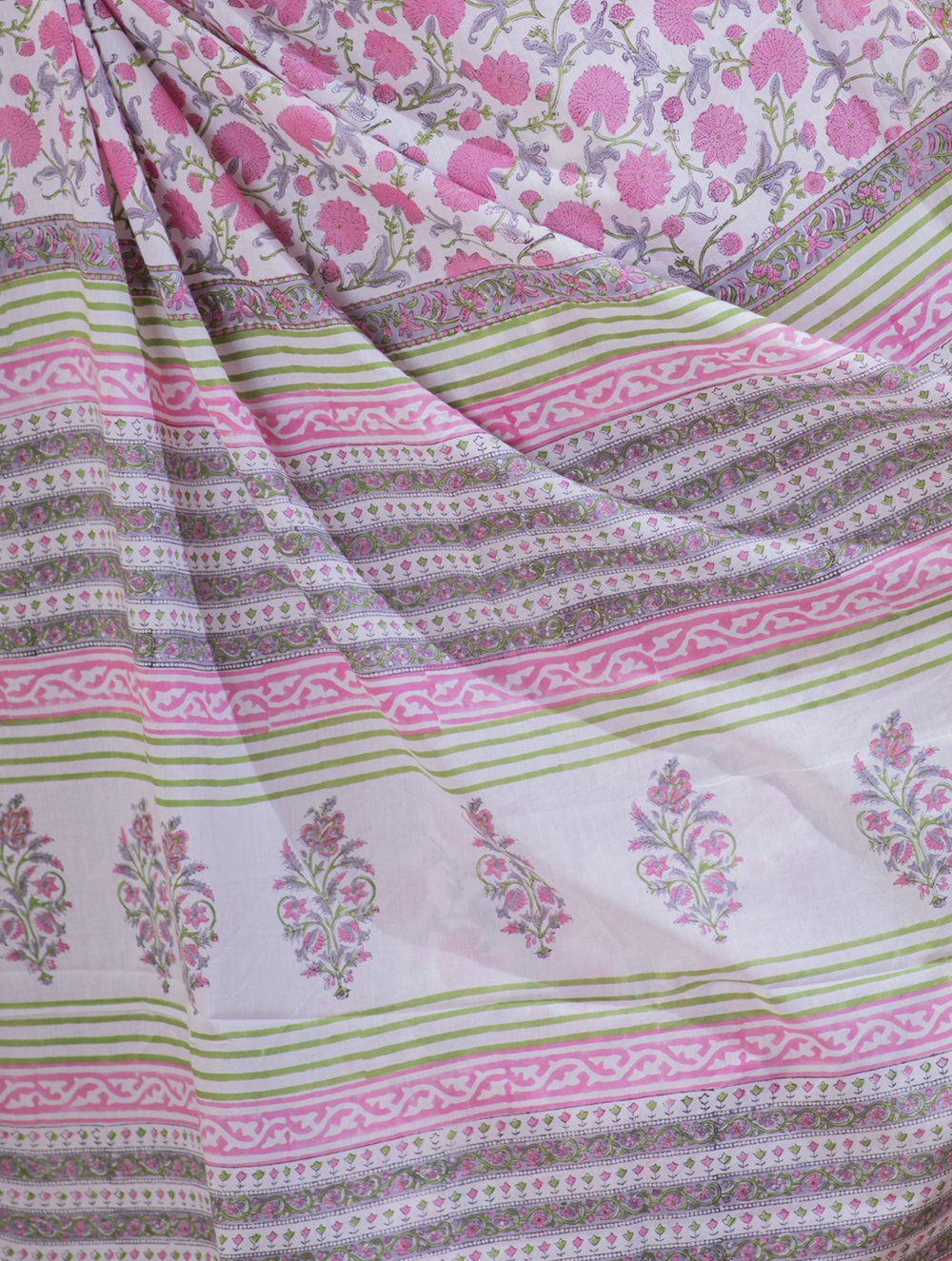 Load image into Gallery viewer, Bagru Sanganeri Block Printed Cotton Saree - Pink &amp; White