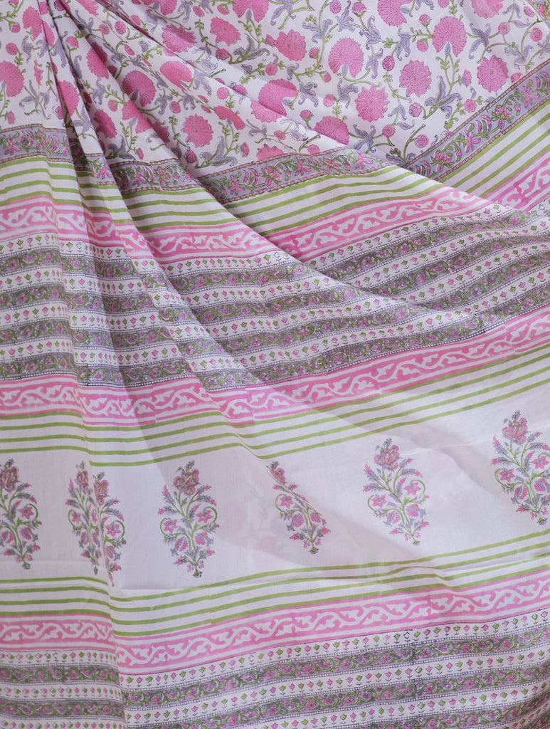 Bagru Sanganeri Block Printed Cotton Saree - Pink & White