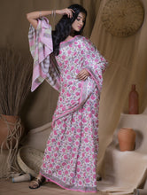 Load image into Gallery viewer, Bagru Sanganeri Block Printed Cotton Saree - Pink &amp; White