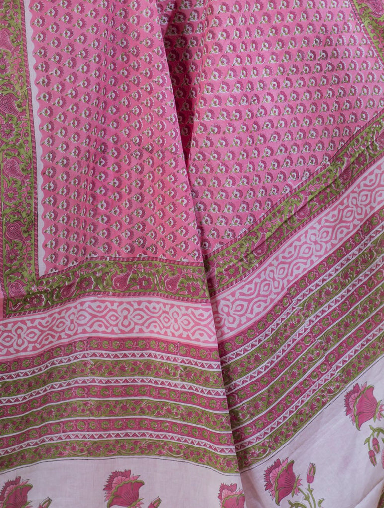 Bagru Sanganeri Block Printed Cotton Saree - Pink, White & Green