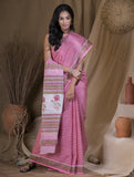 Bagru Sanganeri Block Printed Cotton Saree - Pink, White & Green