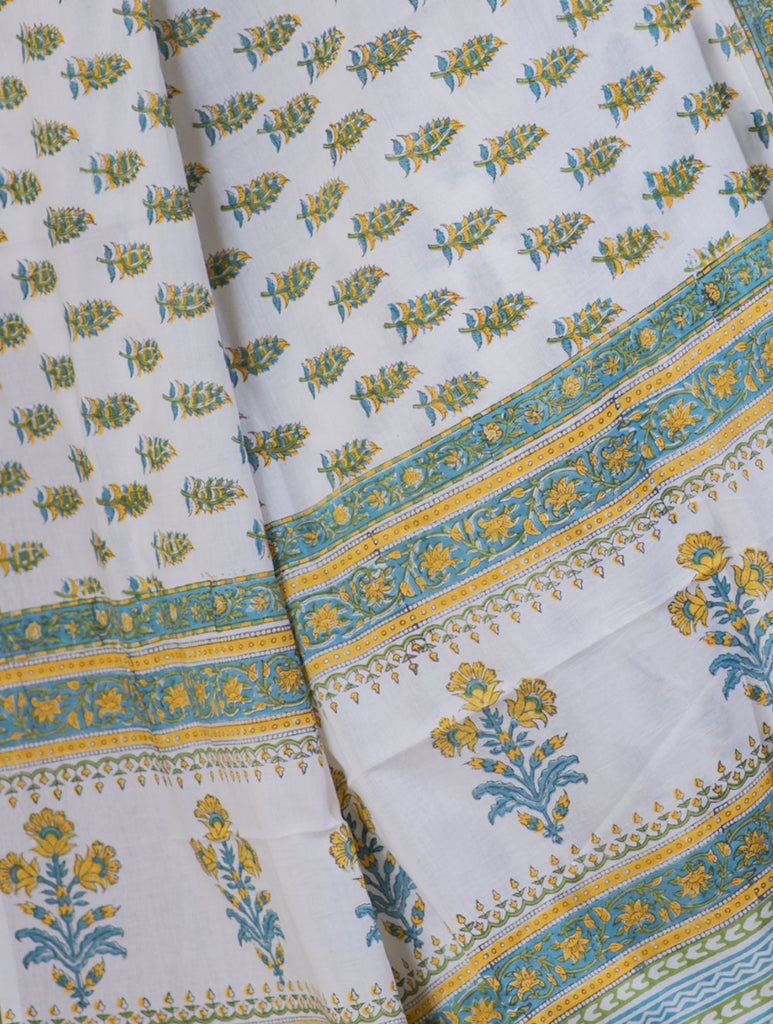 Bagru Sanganeri Block Printed Cotton Saree - Yellow, White & Aqua