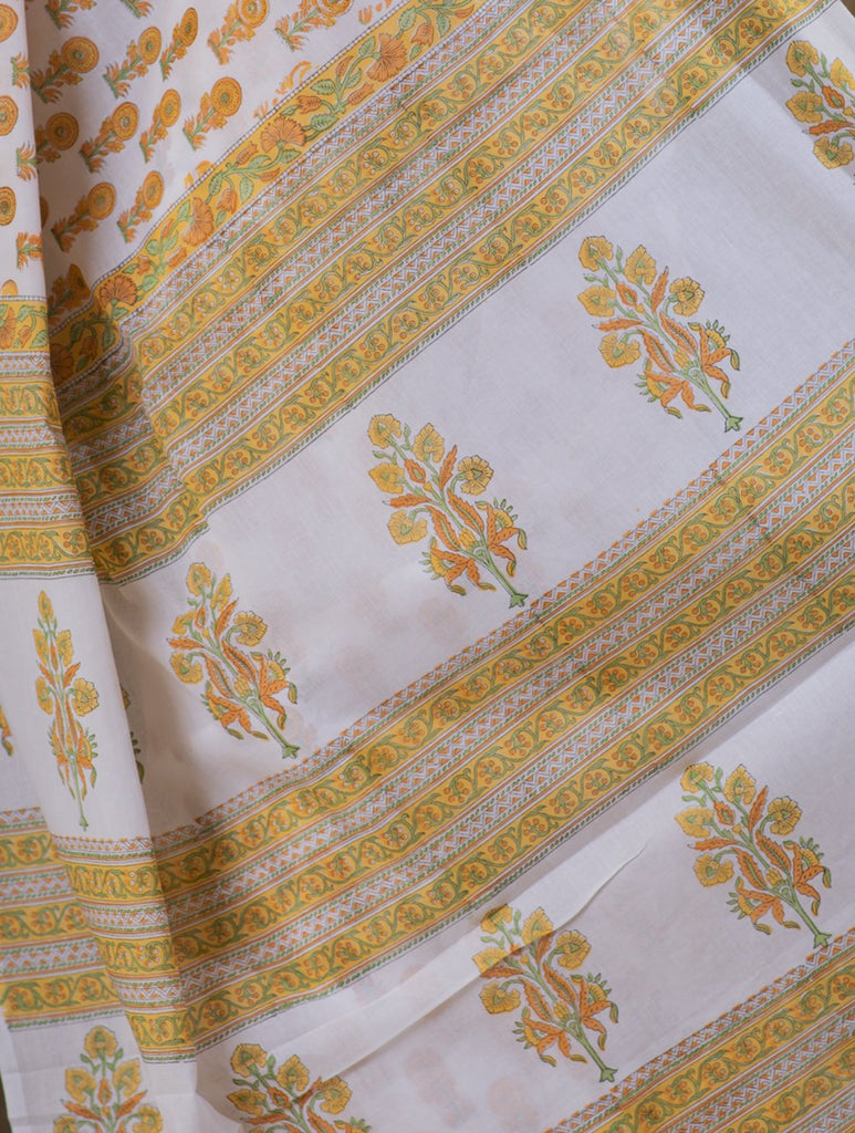 Bagru Sanganeri Block Printed Cotton Saree - Yellow, White & Green