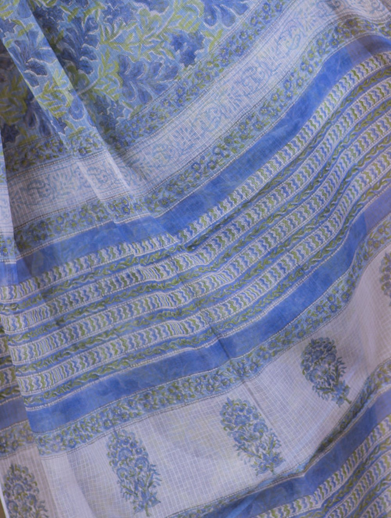 Bagru Sanganeri Block Printed Kota Saree - Blue Floral  (Withput Blouse Piece)