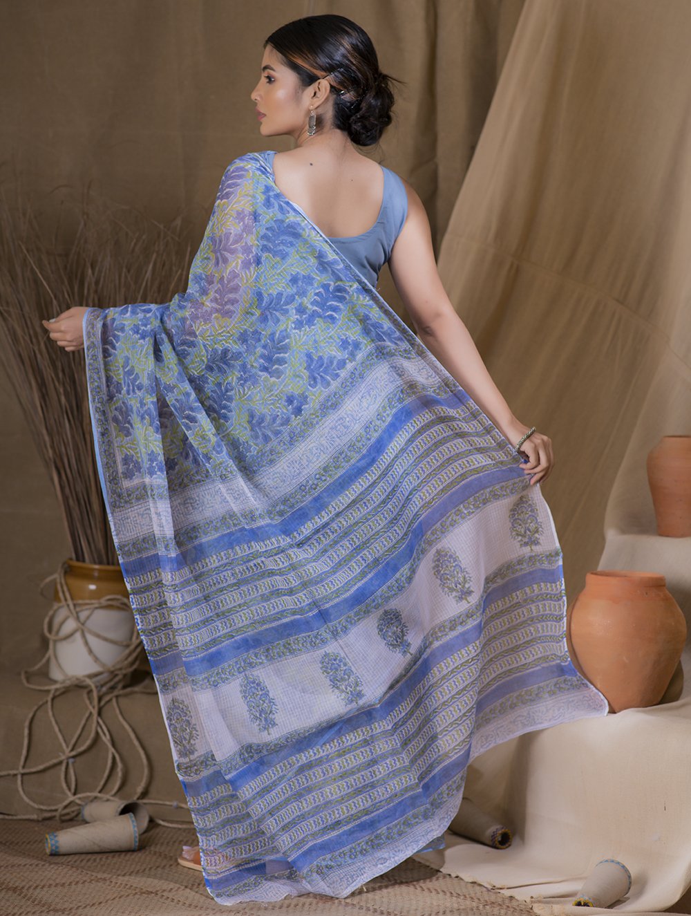 Load image into Gallery viewer, Bagru Sanganeri Block Printed Kota Saree - Blue Floral  (Withput Blouse Piece)