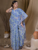 Bagru Sanganeri Block Printed Kota Saree - Blue Floral  (Withput Blouse Piece)