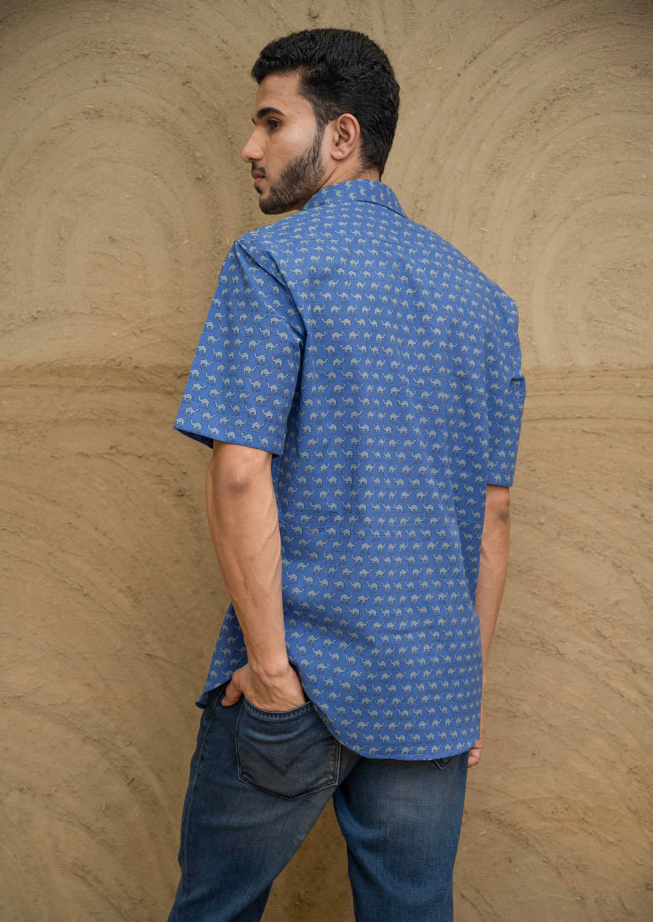 Load image into Gallery viewer, Bagru Hand Block Printed Cotton Shirt - Blue Camels