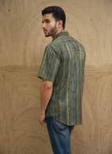 Load image into Gallery viewer, Bagru Hand Block Printed Cotton Shirt - Olive Stripes