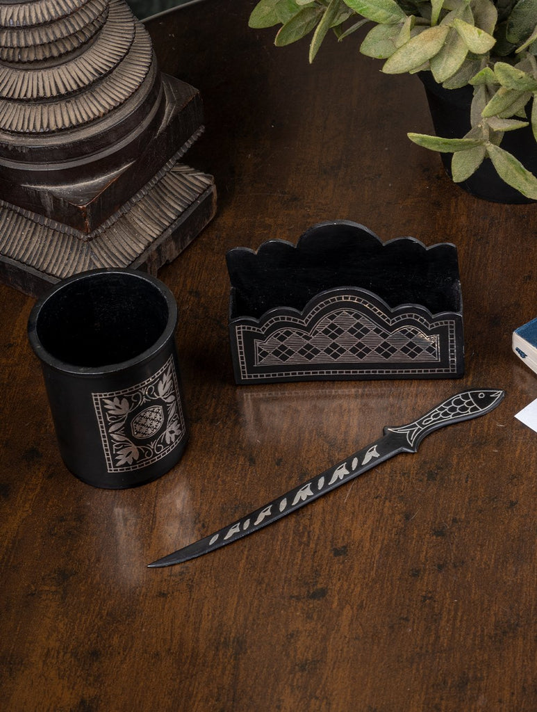 Bidri Craft Desk Accessories (Set of 3 - Card Holder, Pen Stand, Paper Cutter)