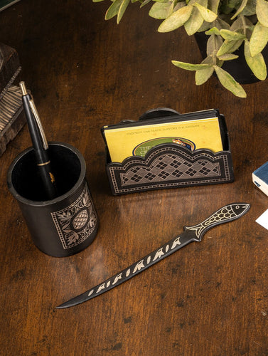 Bidri Craft Desk Accessories (Set of 3 - Card Holder, Pen Stand, Paper Cutter)