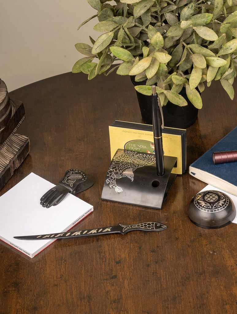 Bidri Craft Desk Accessories (Set of 4 - Paper Weight, Pen Stand, Paper Clip, Paper Cutter)
