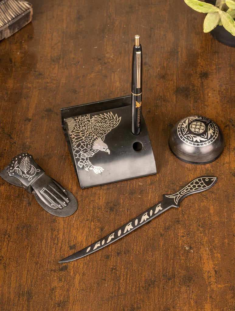 Bidri Craft Desk Accessories (Set of 4 - Paper Weight, Pen Stand, Paper Clip, Paper Cutter)
