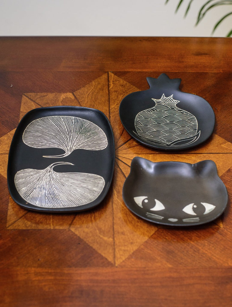 Bidri Craft Set - Small Utility Trays / Curios - Cat, Anar & Leaf (Set of 3)