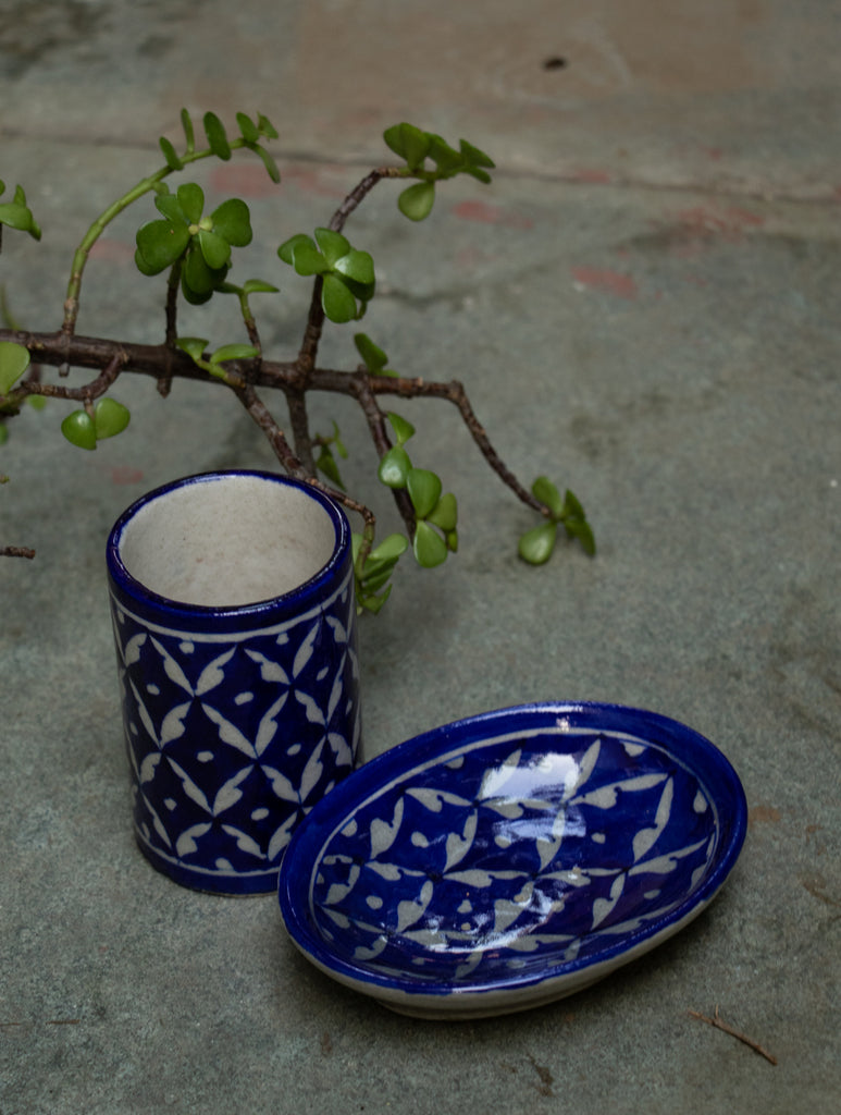 Blue Pottery Bathroom Dispenser Set (2 pc set) - The India Craft House 