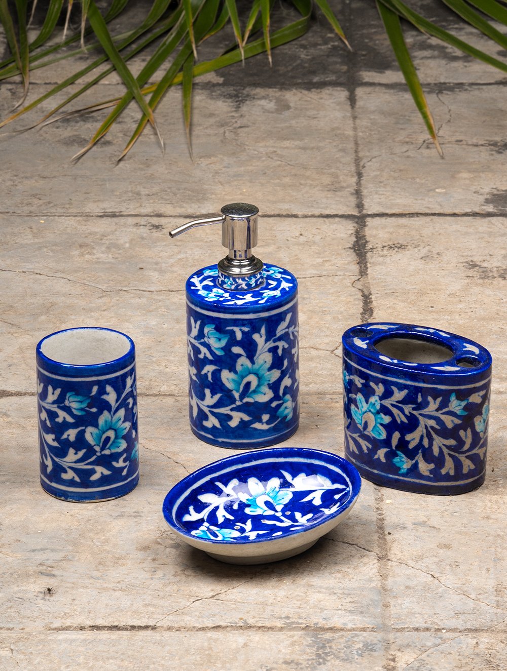 Load image into Gallery viewer, Blue Pottery Bathroom Dispenser Set (4 pc set)