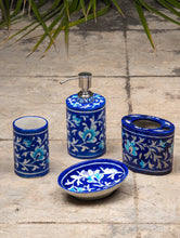 Load image into Gallery viewer, Blue Pottery Bathroom Dispenser Set (4 pc set)