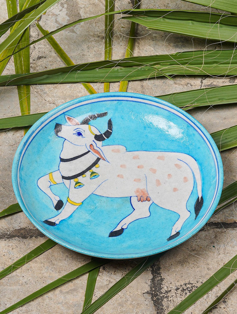 Blue Pottery Decorative Plate in Wooden Box - Cow (Pale Blue; 8")