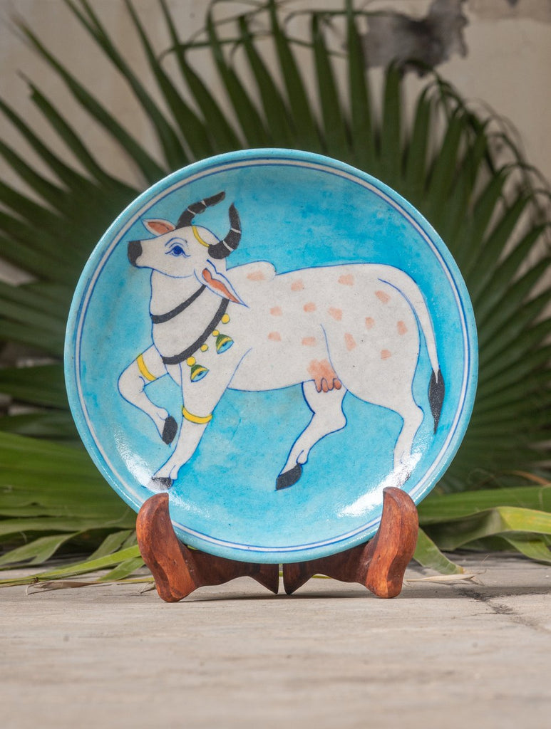 Blue Pottery Decorative Plate in Wooden Box - Cow (Pale Blue; 8")
