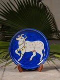 Blue Pottery Decorative Plate in Wooden Box - Cow (Royal Blue; 10