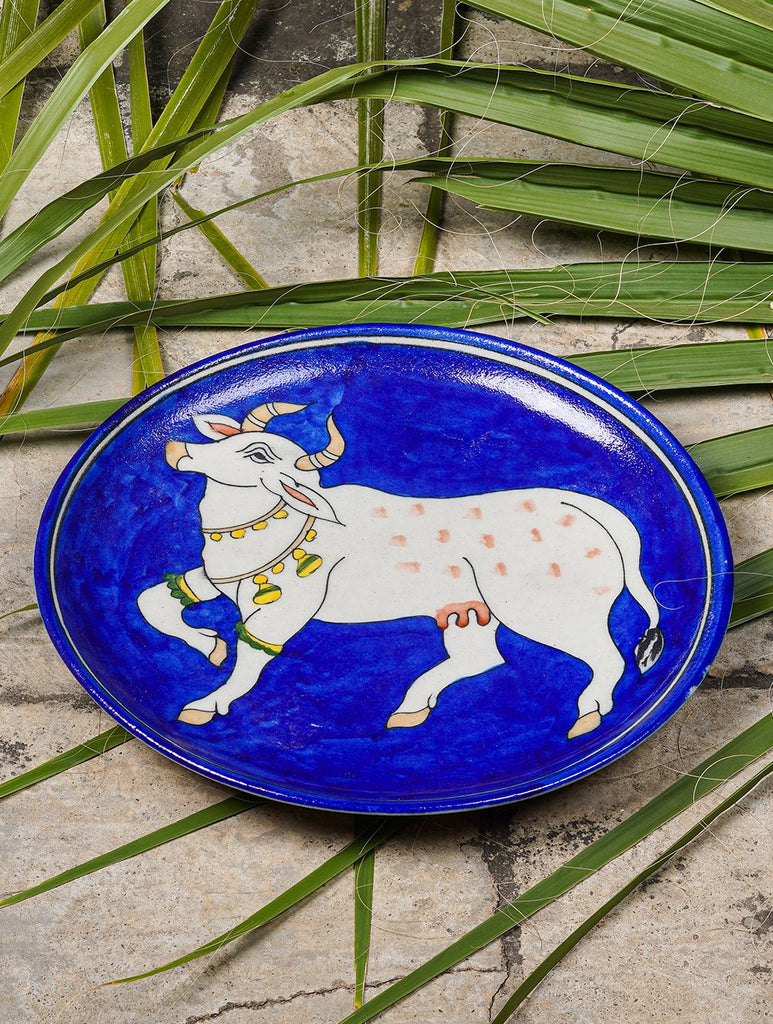 Blue Pottery Decorative Plate in Wooden Box - Cow (Royal Blue; 10")