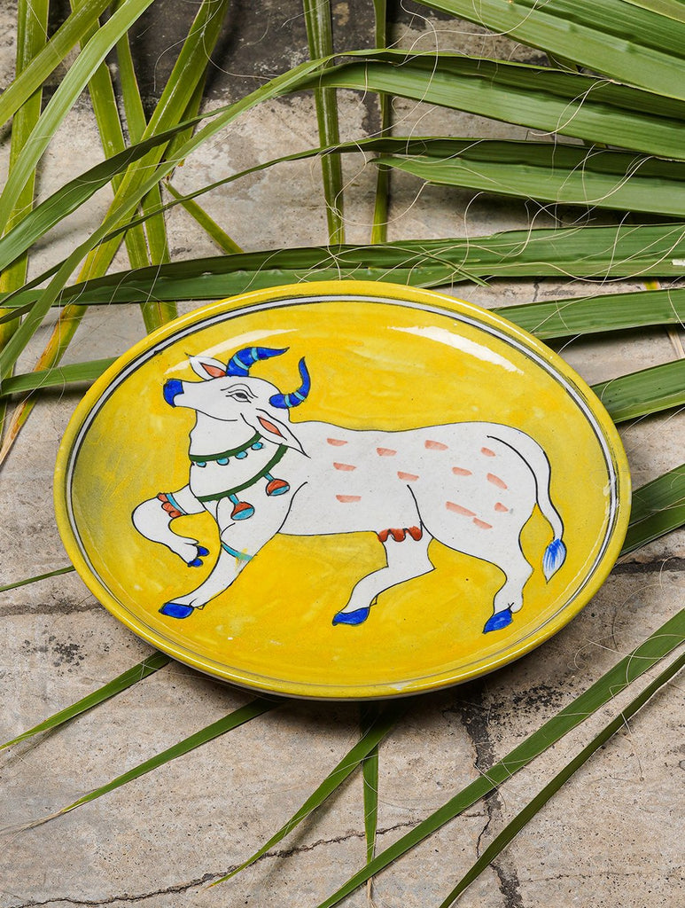 Blue Pottery Decorative Plate in Wooden Box - Cow (Yellow; 10")