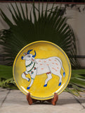Blue Pottery Decorative Plate in Wooden Box - Cow (Yellow; 10
