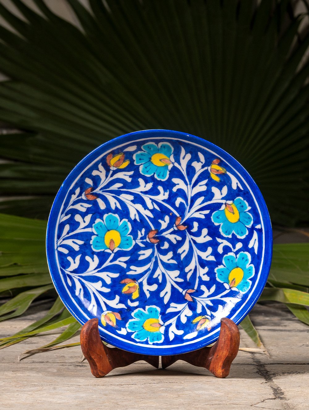 Blue Pottery Decorative Plate in Wooden Box - Floral (Royal Blue, Yellow; 8")