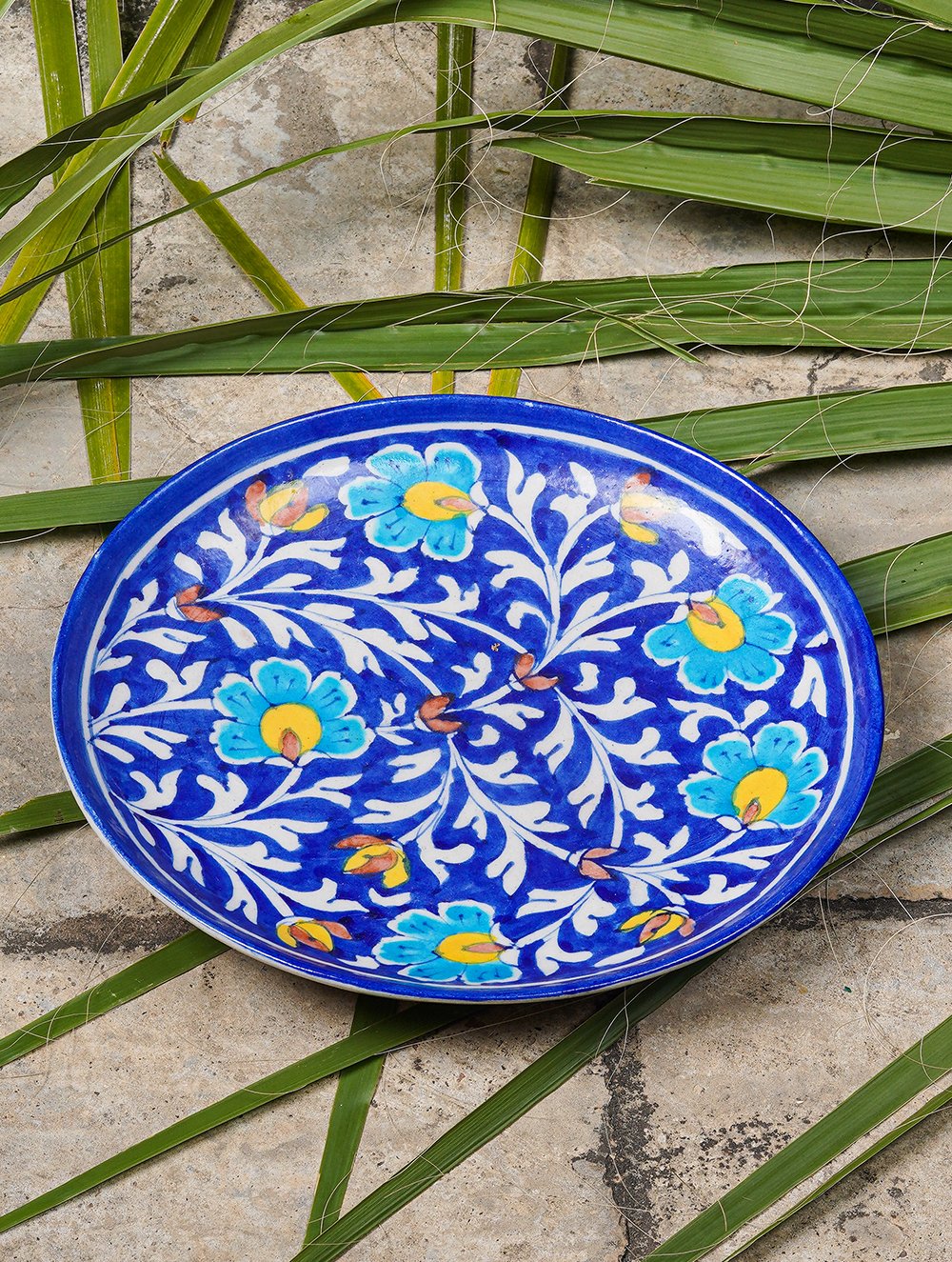 Blue Pottery Decorative Plate in Wooden Box - Floral (Royal Blue, Yellow; 8")