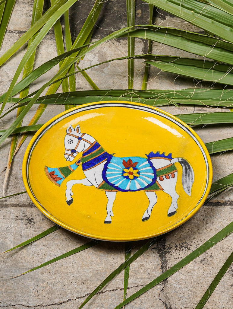 Blue Pottery Decorative Plate in Wooden Box - Horse (Yellow; 10")