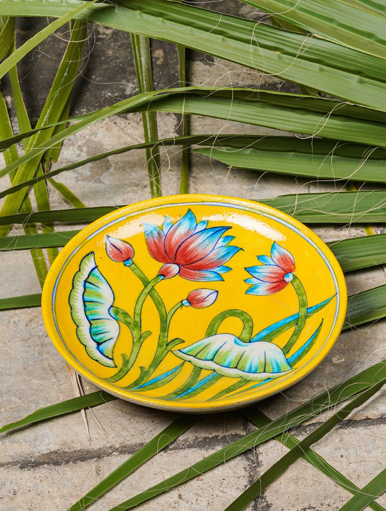 Blue Pottery Decorative Plate in Wooden Box - Lotus (Yellow; 8")