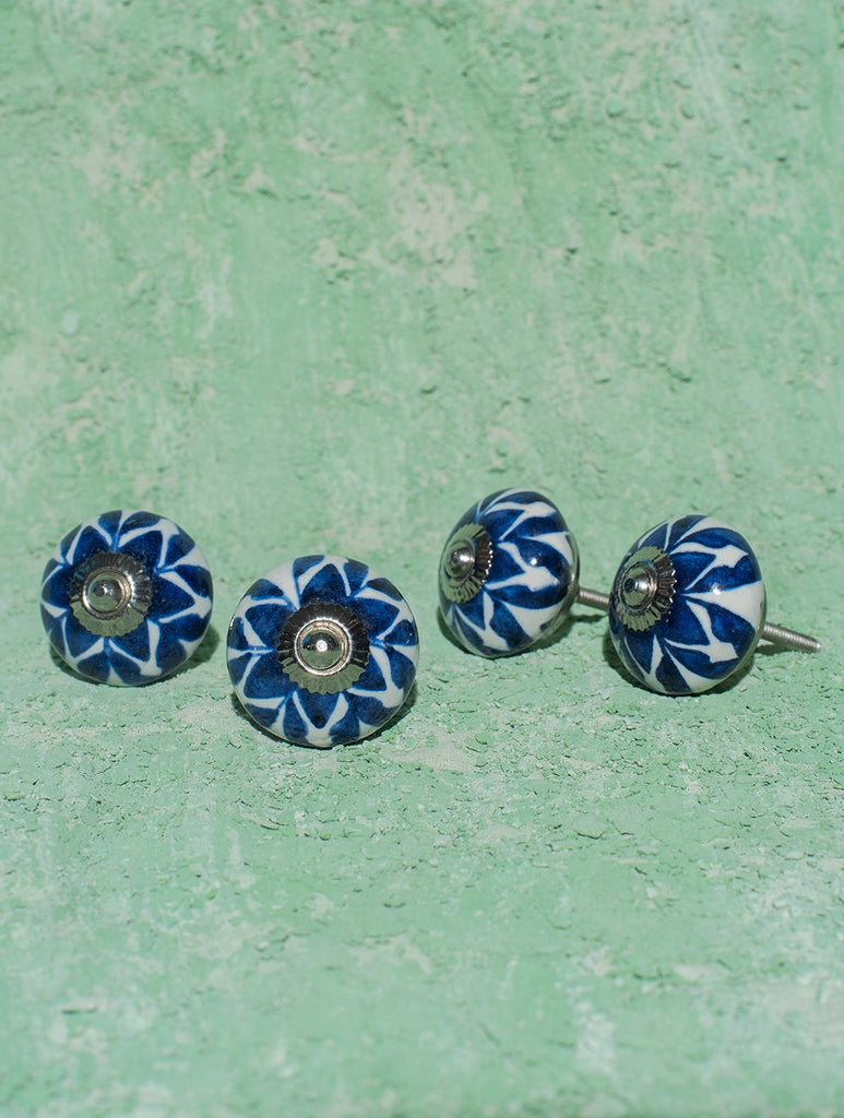 Blue Pottery Door Knobs - Blue Floral (Set of 4)