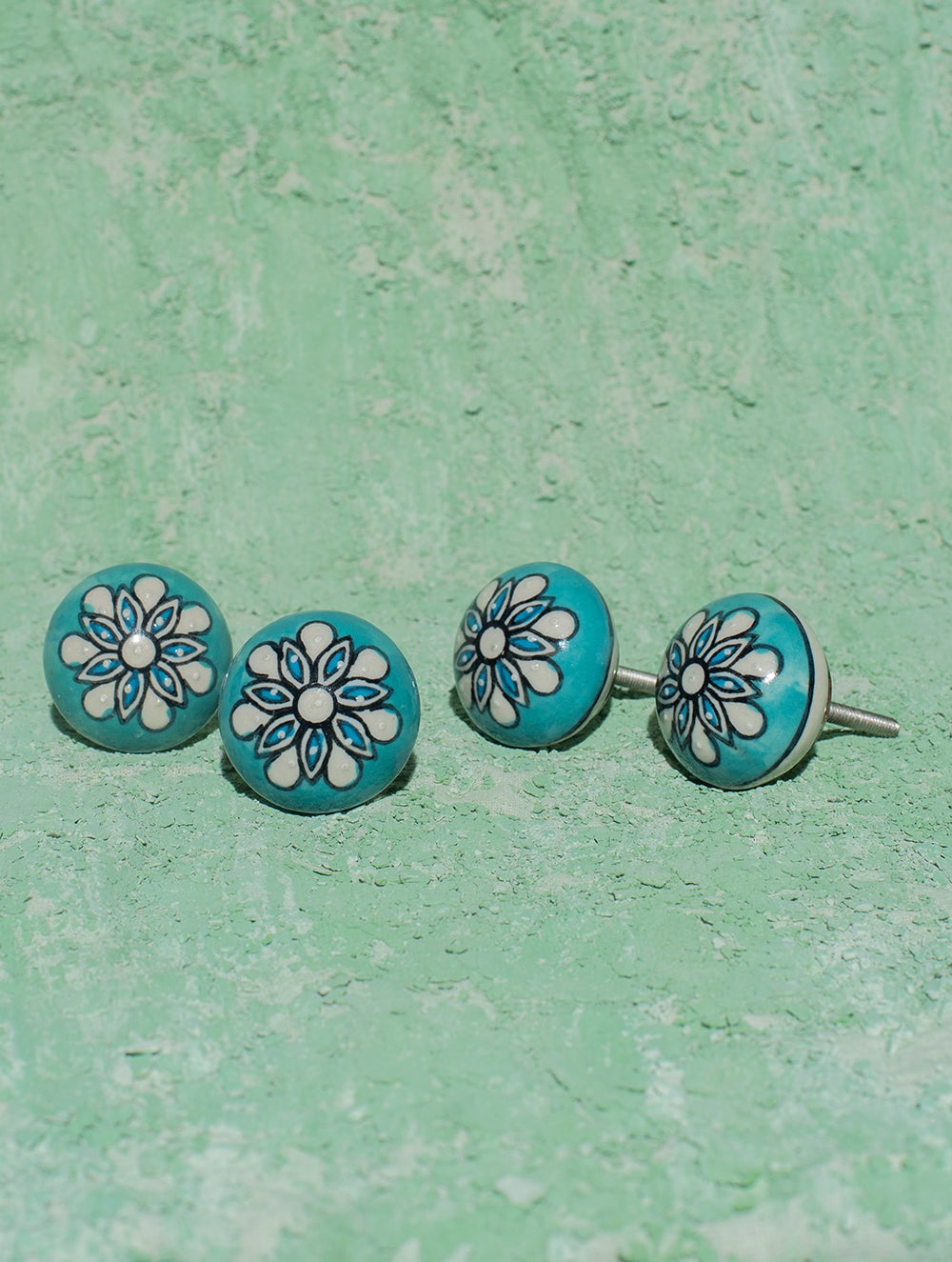 Load image into Gallery viewer, Blue Pottery Door Knobs - Sea Green Floral (Set of 4)
