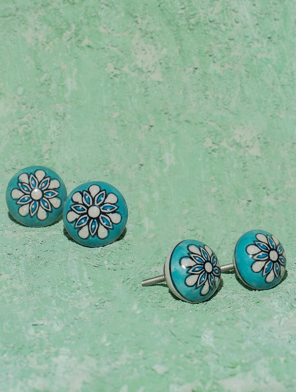Load image into Gallery viewer, Blue Pottery Door Knobs - Sea Green Floral (Set of 4)