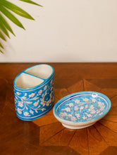 Load image into Gallery viewer, Blue Pottery Bathroom Set (2 pc set) - Blue - Soap Dish &amp; Stand