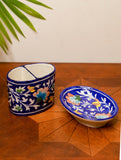 Blue Pottery Bathroom Set (2 pc set) - Indigo - Soap Dish & Tooth Brush Holder