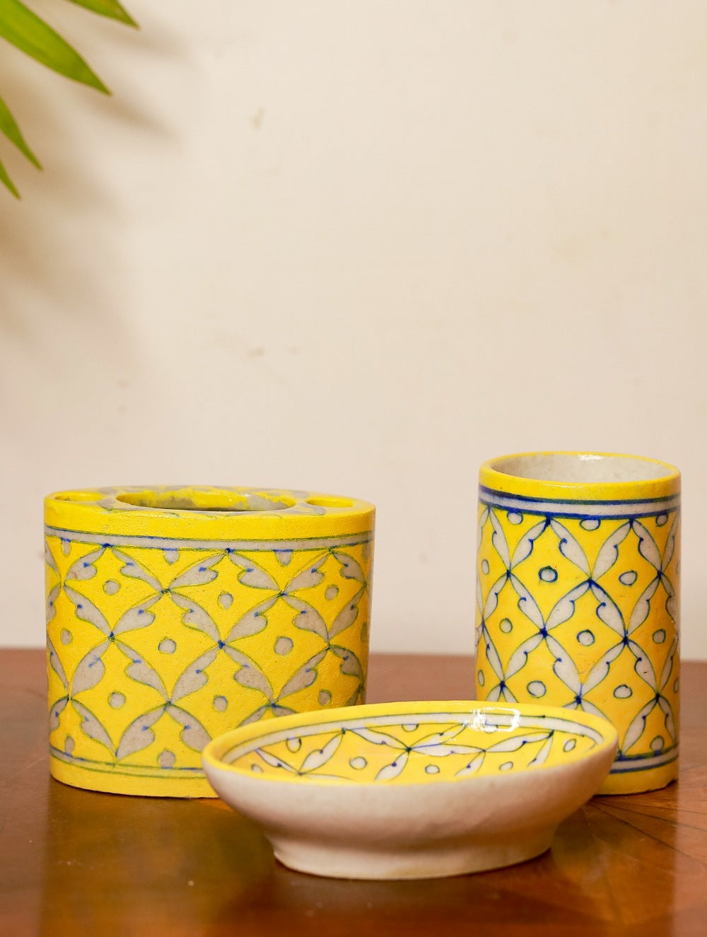 Load image into Gallery viewer, Blue Pottery Bathroom Set (2 pc set) - Yellow - Tooth Brush Holder &amp; Stand